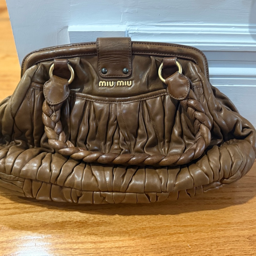 Miu Miu Brown Leather Clutch with Ruched Detailing